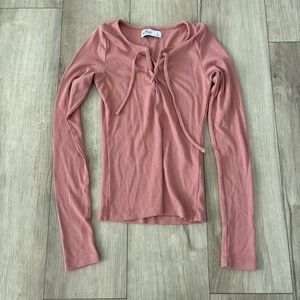 Hollister Ribbed Knit Lace-Up Long Sleeve Top Blouse Shirt Small Pink
